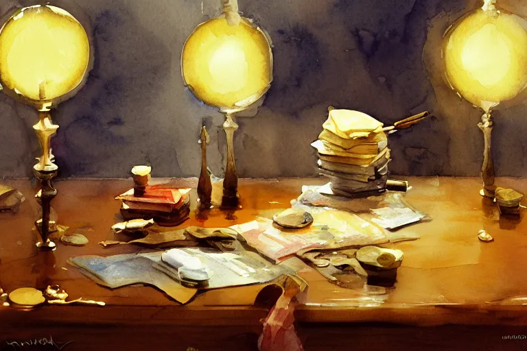 Prompt: small centered on watercolor paper, paint brush strokes, abstract watercolor painting of gold coins on polished oak table, sticks, cinematic light, american romanticism by hans dahl, by jesper ejsing, by anders zorn, by greg rutkowski, by greg manchess, by tyler edlin