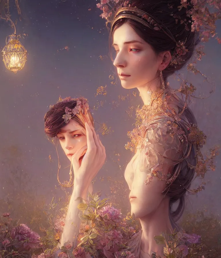 Image similar to highly detailed portrait of beautiful ethereal woman in ornate clothing, stephen bliss, unreal engine, fantasy art by greg rutkowski, loish, rhads, ferdinand knab, makoto shinkai and lois van baarle, ilya kuvshinov, rossdraws, tom bagshaw, global illumination, radiant light, detailed and intricate environment