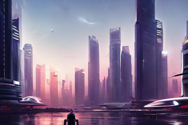 Image similar to futuristic oriental robotic singapore jerusalem dubai city, long shot cinematic epic lighting concept art wide shot digital art trending on artstation 4 k extremely detailed cinematic realistic evening time, contrast dusk vegetation water futuristic suburbs by greg rutkowski martin ansin john blanche alejandro burdisio, photographed by victor enrich