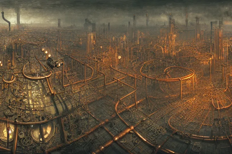 Image similar to an elaborate penned illustration of a apocalyptic intricate connected city of tubes and pipes, muted colors, copper pipers, by jan van haasteren and jheronimus bosch, unreal engine, physically based rendering, ariel view, tilt - shift, grim, moody, shiny, industrial, water, smoke, reflective, cinematic, isometric