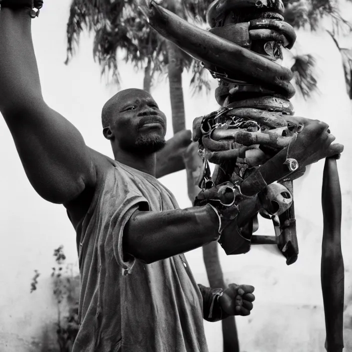 Prompt: an analogue photo of a Tribal Igbo man with a giant robotic arm, black & white, 35mm, f/1.4,