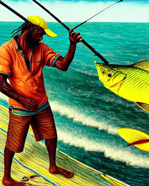 Image similar to Fisherman, Jamaican Male Fisherman, casting fishing rod into the sea, Illustration, Third-Person View, Depth of Field, Colorful with Yellow Green Black Red, calico cloth, insanely detailed and intricate, hypermaximalist, jamaican vibe, hyper realistic, super detailed, by Charlie Bowater, by Karol Bak