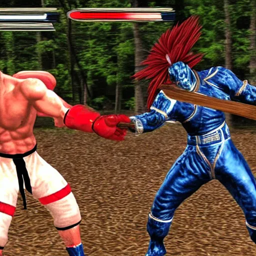 Prompt: fight screenshot of anderson silva vs yoshimitsu in tekken, detailed anderson silva face texture, ps 1 graphics, low poly, texture warp, pixel aliasing, fighting game in forest, sd video, tekken 1 playstation, health bar hud