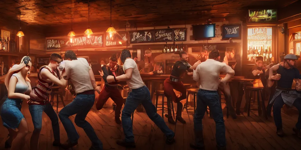 Image similar to a photo of a bar fight inside a pub between cosplayers, leica, accurate detailed faces, 4k, 3D render, hyperrealism, editorial, photorealistic, crisp details, sharp focus, wide angle lens, octane render, caustics