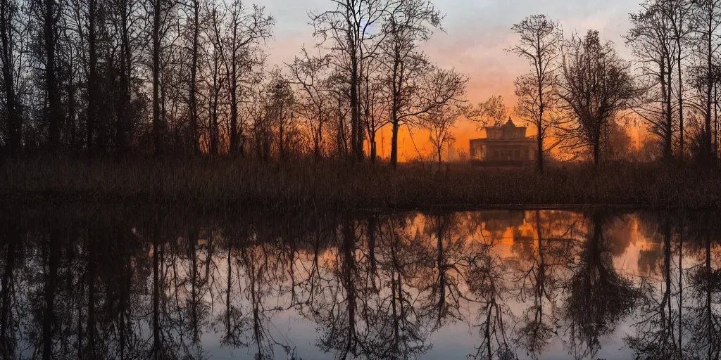 Prompt: abandoned huge building in shape of skull, puddles of water, trees, sunrise, orange glow, by greg rutkowsky and ivan shishkin,