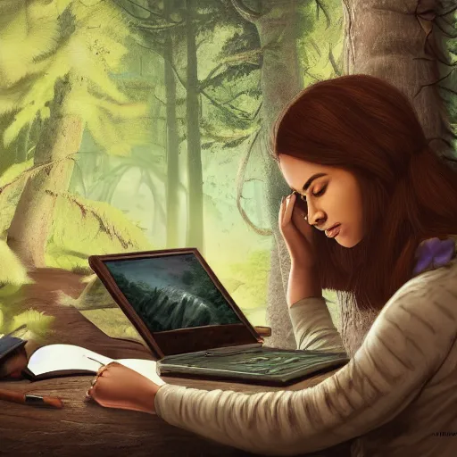 Image similar to a brown female author writing a book in a cottage in the woods, detailed digital art, trending on artstation, realistic! 8k