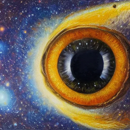 Image similar to a highly detailed photorealistic painting of a human eye reflecting the milky way galaxy
