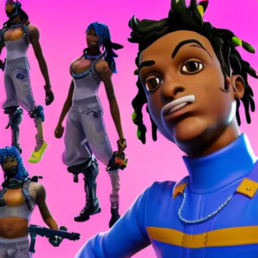 Image similar to playboi carti in fortnite lobby 3 d avatar skin