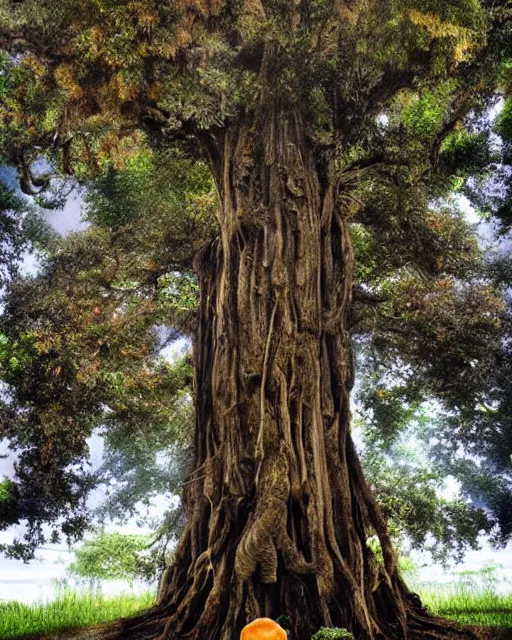 Image similar to a surreal yet plausible iphone photo of an ancient tall tree with multiple kinds of hybrid fruits and vegetables growing from it, SCP-777 the ultimate chimera tree of cornucopia, CGSociety, by James Gurney