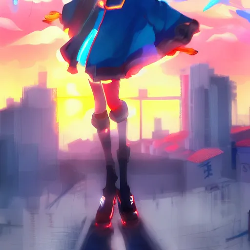 Image similar to Splash art Anime loli, blond hair with pigtails, blue coat and black shorts, she flies by using blue neon powers through the city. Cinematic sunset, faint orange light. Amazing piece Trending on Artstation. Yumei style