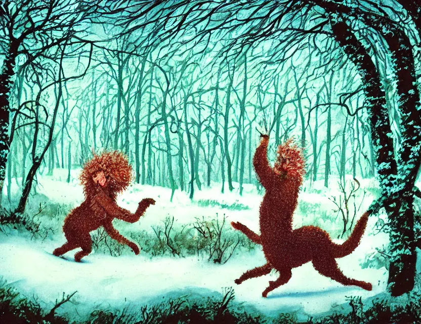 Prompt: wild, lush chia pet frolicking in snowy woods, stormy skies. russian fairytale art, gouache, dynamic composition, backlighting