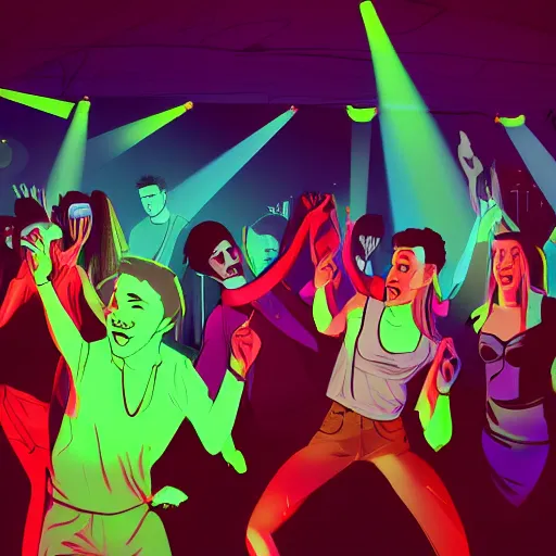 Prompt: young people in a fancy nightclub dancing and drinking, partylights, great colors, by aalto alvar, trending on artstation