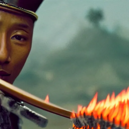 Image similar to cinematic film still Pharrell Williams starring as a Samurai holding fire, Japanese CGI, VFX, 2003, 40mm lens, shallow depth of field,film photography