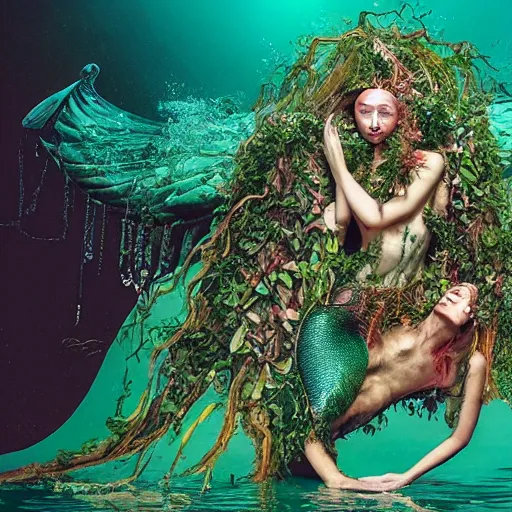 Image similar to a underwater mythological scene of a mermaid being wrapped in plants by jan van eyck, ernst fuchs, nicholas kalmakoff, joep hommerson, fish eye lense, fashion editorial, make - up artist, prosthetic makeup