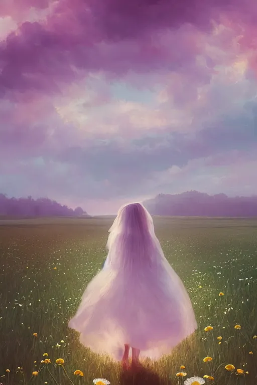 Image similar to giant white daisy flower veil, girl walking in a flower field, surreal photography, sunrise, dramatic light, impressionist painting, colorful clouds, digital painting, artstation, simon stalenhag