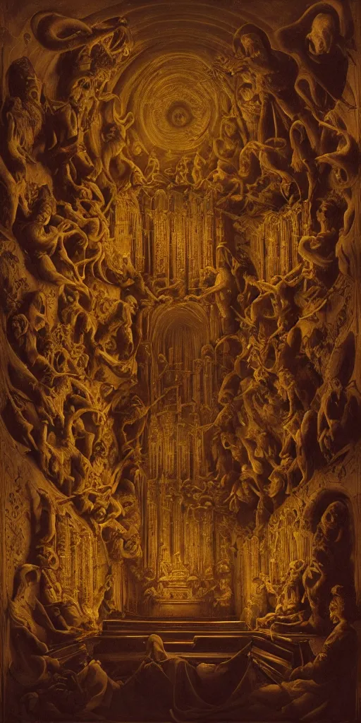 Image similar to pipe organ pies and ghosts intricately carved from dark smoke, high detail baroque oil painting, golden ratio, volumetric light, godrays, terrifying geometry, alan lee, caravaggio, michelangelo