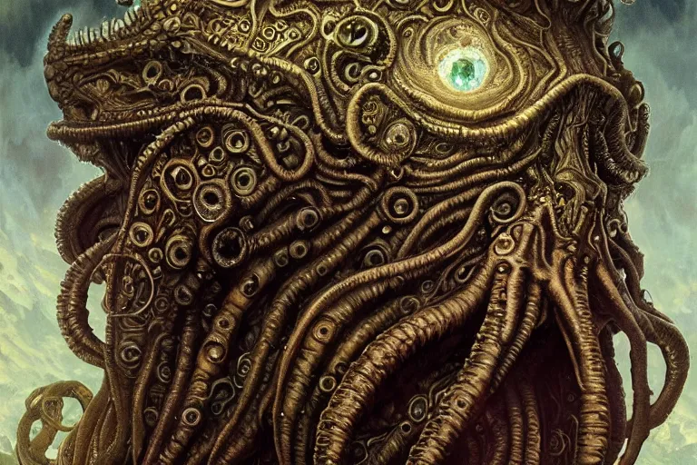 Image similar to a lovecraftian painting of cthulhu face of cosmic horror, cosmic horror elements, ultra realistic, concept art, intricate details, eerie, highly detailed, photorealistic, octane render, 8 k, unreal engine. art by artgerm and greg rutkowski and alphonse mucha