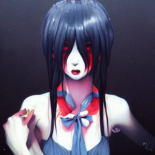 Prompt: beautiful portrait of an anime goth clowngirl, painted by ilya kuvshinov!!! and zdzislaw beksinski