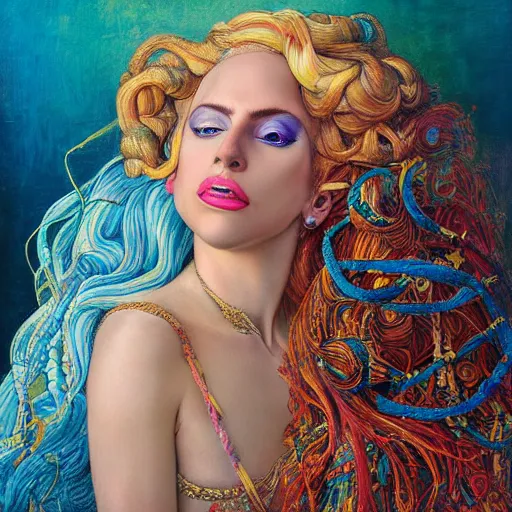 Image similar to lady gaga artpop act ii album, intricate detail, hyper detail, gaston bussiere, sandro botticelli style, with neon aqua rapunzel dreadlocks, detailed, masterpiece, sharp focus,