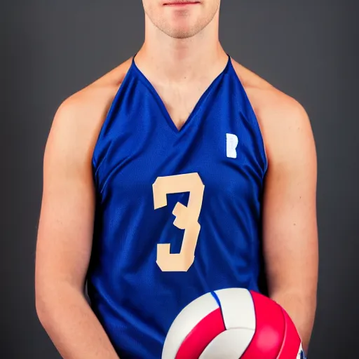 Image similar to a portrait of a young Caucasian man with short brown hair that sticks up in the front, blue eyes, groomed eyebrows, tapered hairline, sharp jawline, wearing a volleyball jersey, sigma 85mm f/1.4, 15mm, 35mm, 4k, high resolution, 4k, 8k, hd, highly detailed, full color, Kodak Kodachrome Film