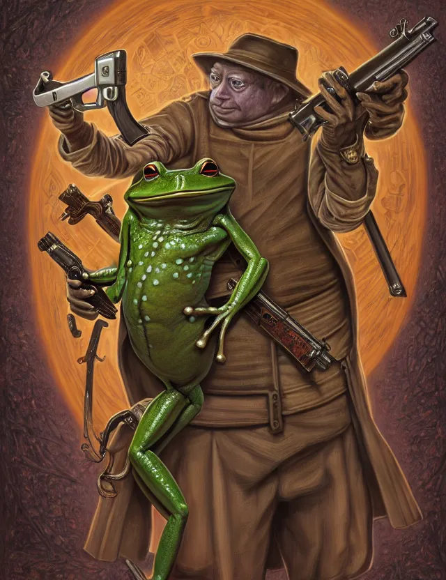 Prompt: anthropomorphic bipedal frog that is dressed as a medieval librarian, and dual wielding revolver pistols, as a matte oil painting and d & d character art, by alex grey, science fantasy, standing, fullbody, ornate, concept art, award - winning, extremely detailed, sharp focus