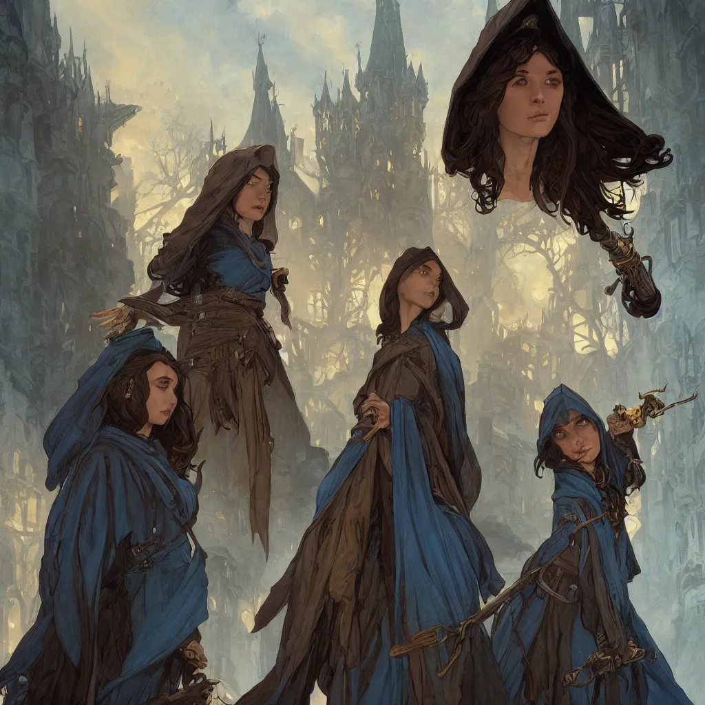 Image similar to a female wizard with brown hair wearing a blue hood and blue robe exploring a dark and sinister medieval village, fantasy, highly detailed, digital painting, artstation, concept art, character art, art by greg rutkowski and tyler jacobson and alphonse mucha