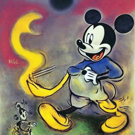 Prompt: Mickey mouse as a dark souls boss by Marc Chagall