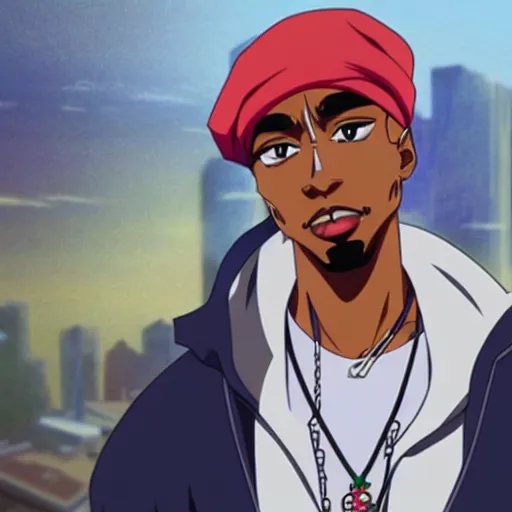 Image similar to Tupac Shakur, screenshot from a 2012s anime