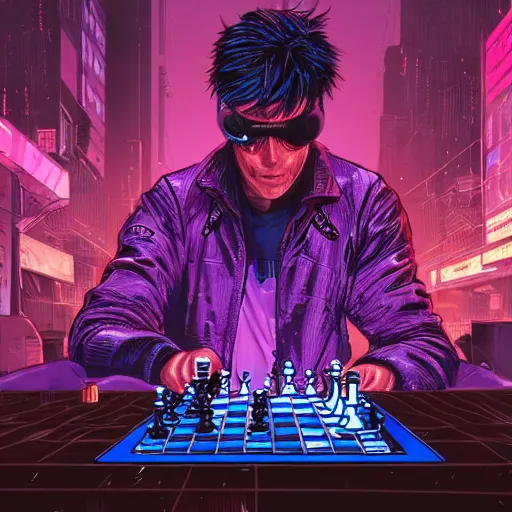 Image similar to high detailed person playing chess in a cyberpunk rainy city at night by josan gonzalez, purple and blue neons, unreal engine, high quality, 4 k, uhd, trending on artstation, wires, blade runner vibes, ghost in the shell, akira, dorohedoro