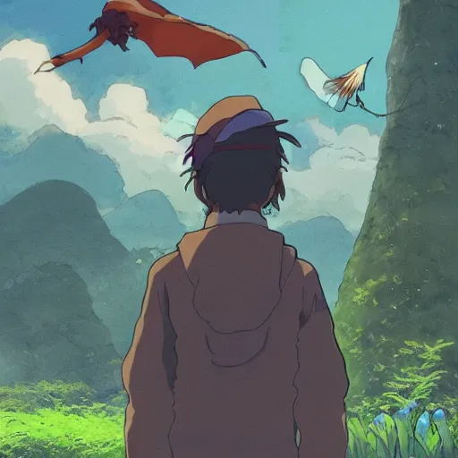 Prompt: friendly guy and small creature with animals , with Fragile looking character portrait face made in Studio Ghibli artstyle ,highly detailed art, beautiful scene, sharp focus, smooth, 8k, anime art, fantasy, style in ghibli anime style, fantasy, island,8k