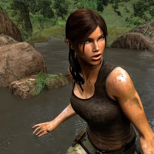 Image similar to film scene lara croft emerges from the river water, her face is covered with mud, part of the body is still in the river, it looks sweaty