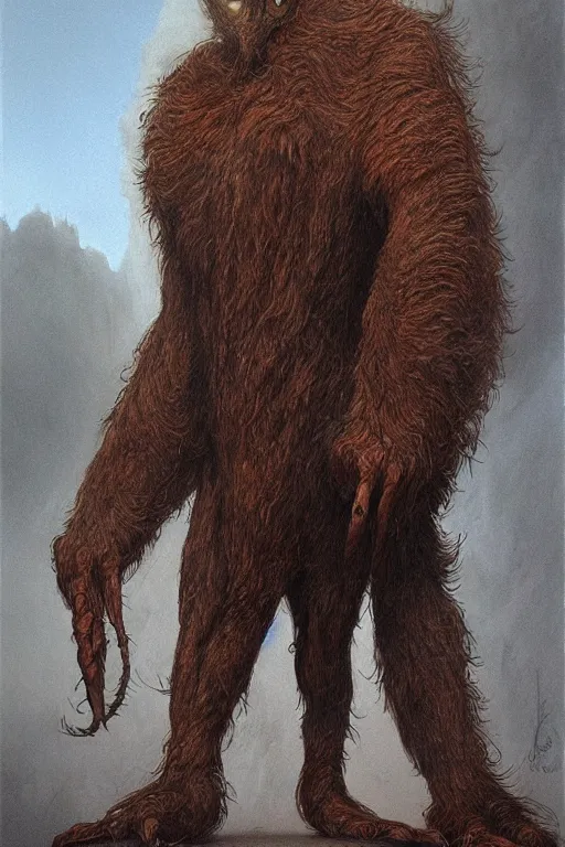 Image similar to Artwork by John Howe of Abe the Forgotten Beast, A towering humanoid composed of rose gold, with a gaunt appearance and a matted grey fur