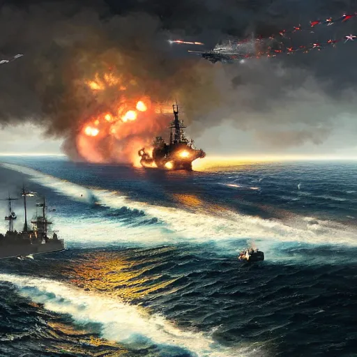 Image similar to an american navy attacking the german navy in ww 2 by greg rutkowski