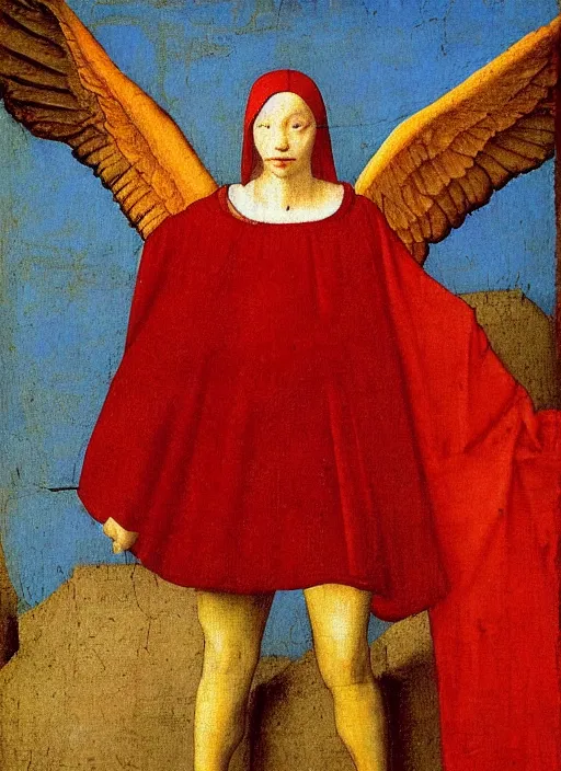 Image similar to Flying Fallen Angel dressed in red, Medieval painting by Jan van Eyck, Johannes Vermeer, Florence