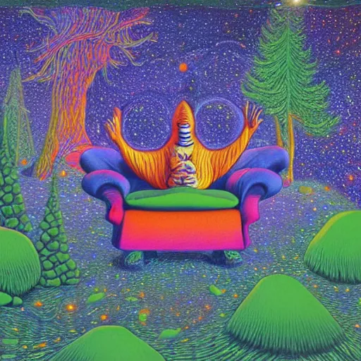 Image similar to psychedelic couch sofa in the pine forest, milky way, designed by moebius, rob gonsalves, gustav dore, giuseppe arcimboldo and carl barks, louis wain, trending on artstation, canada, star, sharp focus, colorful refracted sparkles and lines, soft light, 8 k 4 k