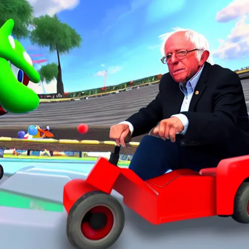 Image similar to Bernie Sanders playing Mario Kart