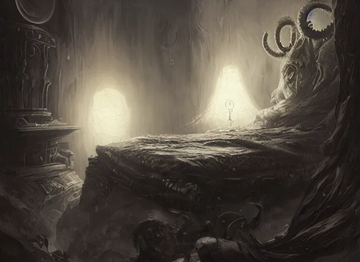 Prompt: my bed monochrome with a giant cthulhu eyes in the dark by gaston bussiere, anna nikonova aka newmilky, greg rutkowski, yoji shinkawa, yoshitaka amano, tsutomu nihei, moebius, donato giancola, geoffroy thoorens, trending on artstation, featured on pixiv, cinematic composition