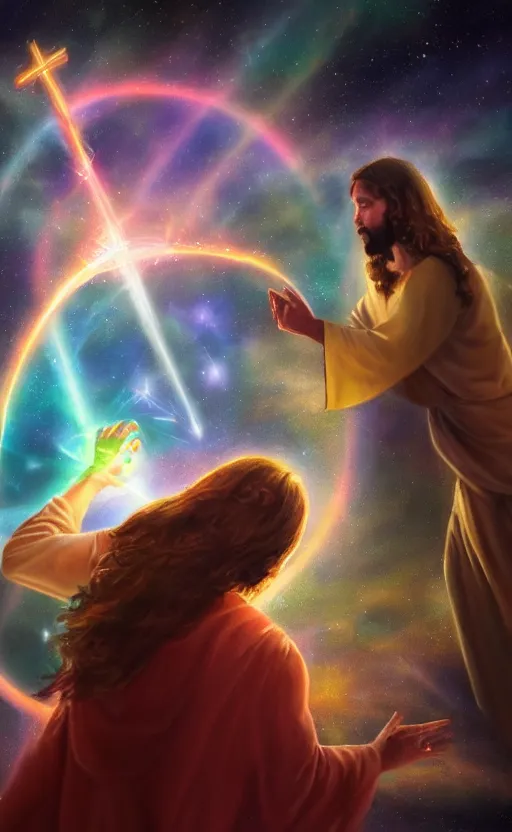 Image similar to Jesus casting a spell of cosmic love and appreciation. Digital art trending on artstation. 4k. Tyndall effect.