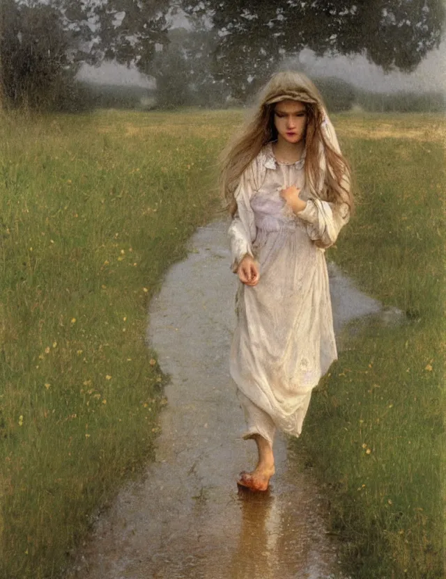 Image similar to peasant girl with long hair running under the rain, cottage core, cinematic focus, polaroid photo bleached vintage pastel colors high - key lighting, soft lights, foggy, by steve hanks, by lisa yuskavage, by serov valentin, by tarkovsky, oil on canvas