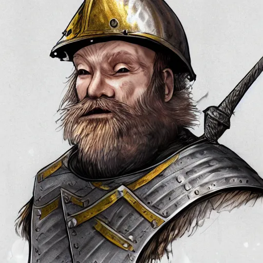 Prompt: An old man with a ginger beard, wearing, medieval knights armour and a fire fighters helmet. Highly detailed, digital art, sharp focus, trending on art station, fire elemental, anime art style