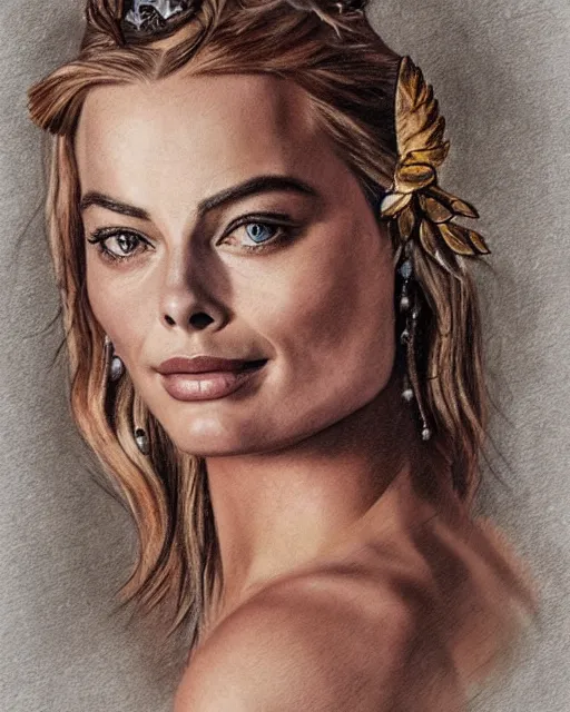 Image similar to realism tattoo sketch of margot robbie as a beautiful greek goddess aphrodite with piercing eyes wearing a laurel wreath and triangle earrings, in the style of greg rutkowski, amazing detail