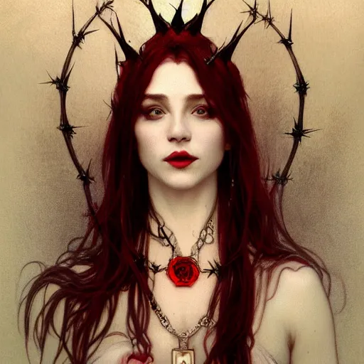 Image similar to portrait of beautiful vampire, rose thorn crown, thorns everywhere, headshot, pale skin, 4k, rule of thirds, extreme detail, detailed drawing, trending artstation, hd, fantasy, D&D, realistic lighting, by Alphonse Mucha, Greg Rutkowski, sharp focus, backlit, bright red hair, small necklace,