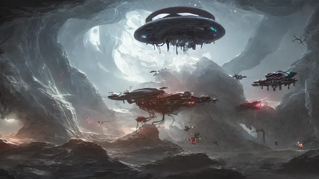 Image similar to alienspaceship with giant insectdrones flies into the ribcage cave, cgsociety,