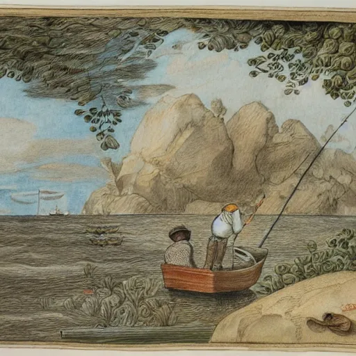 Image similar to highly detailed sketch of a man fishing on a tiny boat in the ocean by Maria Sibylla Merian