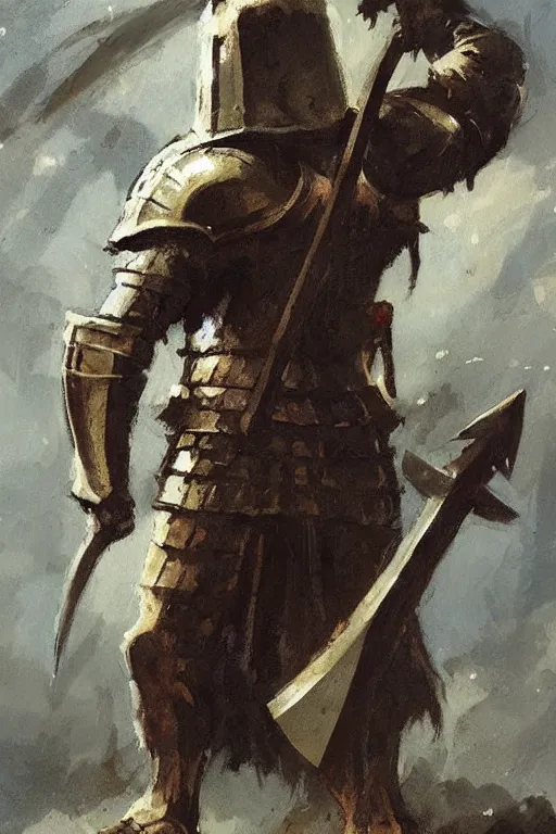 Image similar to a knight holding an axe, leaning against axe concept art in style of Greg Rutkowski, painted by Frank Frazetta, John Singer Sargant