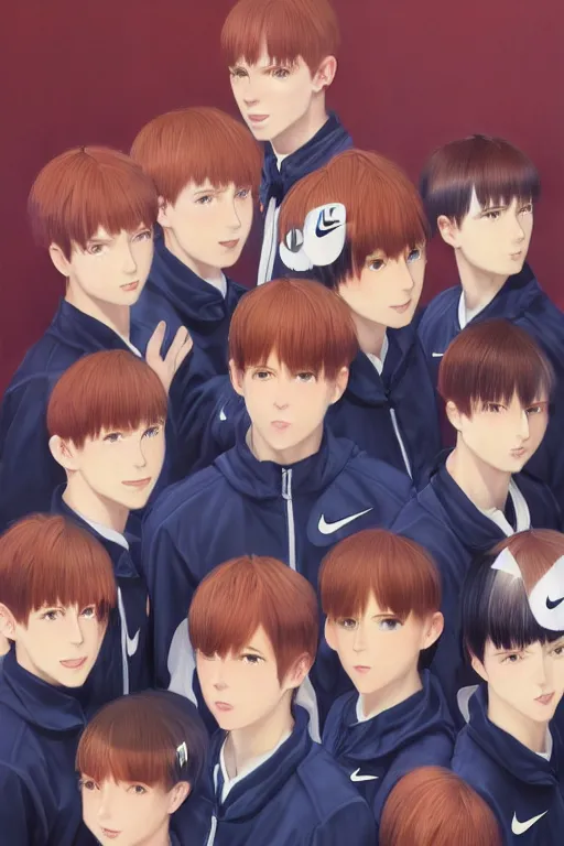 Prompt: A ultradetailed beautiful portrait panting of of The Quintessential Quintuplets wearing an oversized Nike jacket, Oil painting, by Ilya Kuvshinov, Greg Rutkowski and Makoto Shinkai