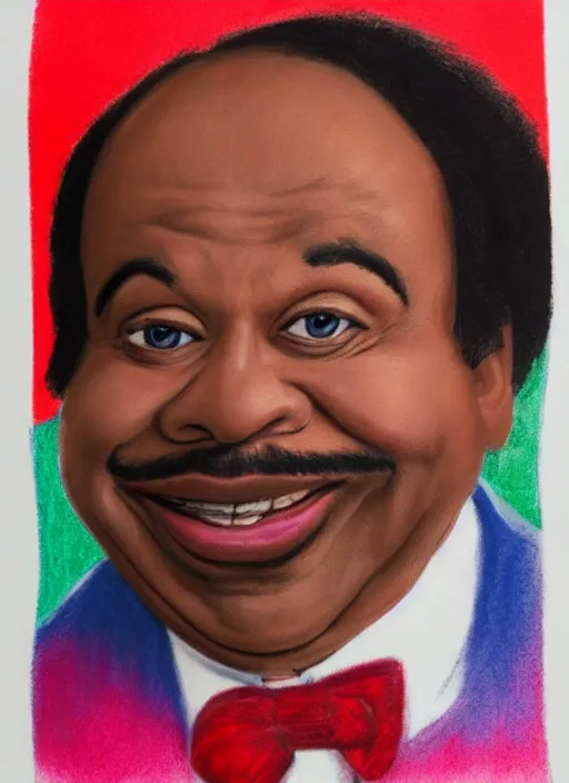 Image similar to ( ( ( caricature of leslie david baker as stanley hudson of the office television series ) ) ) pastels, head to waist, light coming from the right side, red background,