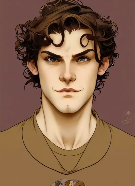 Prompt: art nouveau portrait of a young man with curly light brown hair, brown eyes, serious facial expression, gloomy mood, t - shirt, natural lighting, path traced, highly detailed, high quality, cartoon, digital painting, by don bluth and ross tran and studio ghibli and alphonse mucha