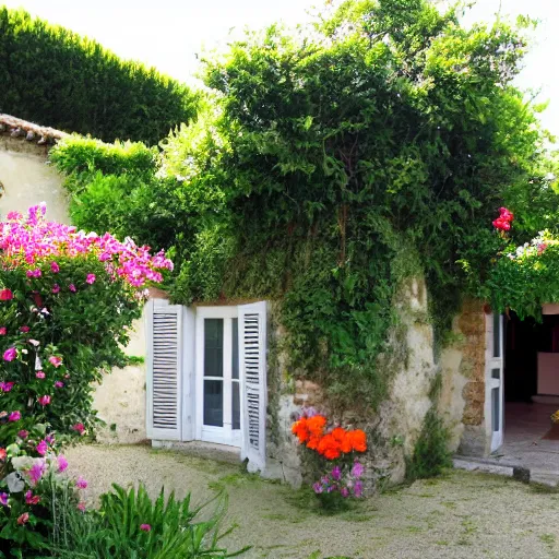 Image similar to ile de re house with a garden full of tremiere rose, sixty stores, white walls, orange roof