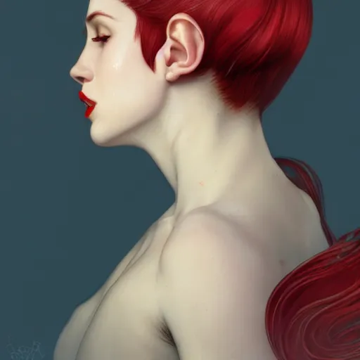 Prompt: side portrait of very beautiful elf, hair over face, headshot, looking up, hyper realistic, pale skin, red lips, bright red hair, white dress, 4k, rule of thirds, extreme detail, detailed drawing, trending artstation, hd, fantasy, D&D, realistic lighting, by Alphonse Mucha, Greg Rutkowski, sharp focus, backlit, elegant